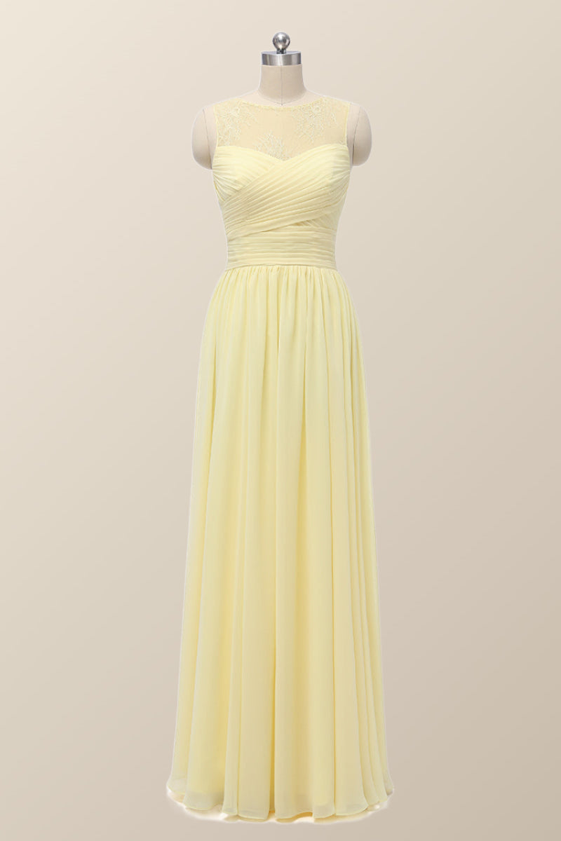 Scoop Yellow Chiffon Pleated Long Bridesmaid Dress