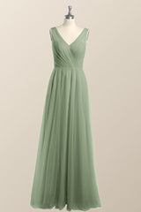 Sage Green V Neck A-line Long Bridesmaid Dress