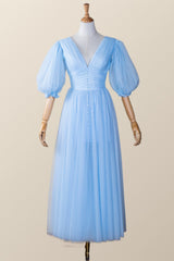 Puffy Sleeves Blue Empire Tea Length Dress