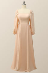 Square Neck Champagne Chiffon Long Bridesmaid Dress