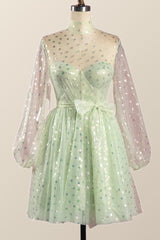Puffy Long Sleeves Sage Green A-line Homecoming Dress