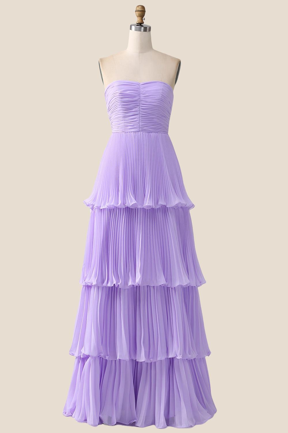 Strapless Lavender Pleated Tiered Long Party Dress