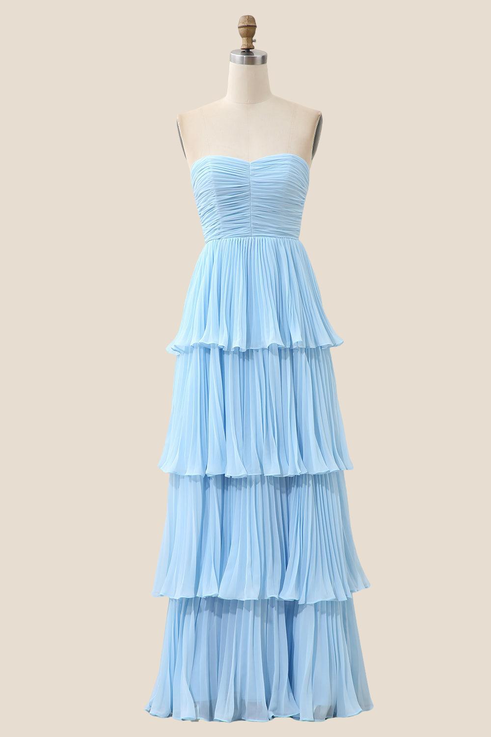 Strapless Light Blue Pleated Tiered Long Party Dress