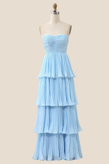Strapless Light Blue Pleated Tiered Long Party Dress