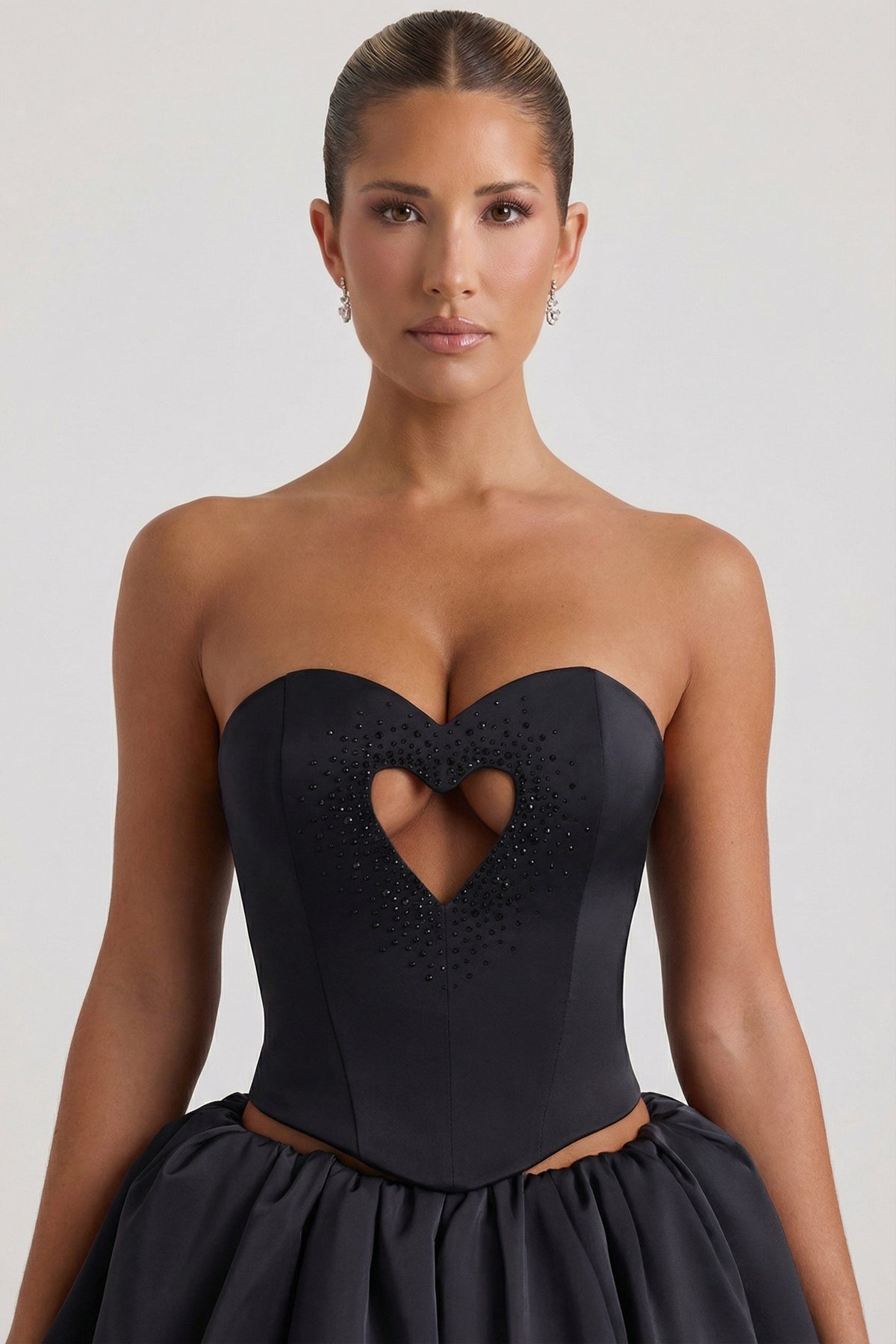 Embellished Heart Cut-Out Strapless Corset Top in Black