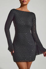 Embellished Open-Back A-Line Mini Dress in Black