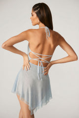 Embellished Lace Up Back Mini Dress in Aqua