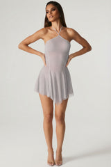 Embellished Lace Up Back Mini Dress in Silver