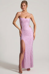Embellished Cut-Out Fishtail Maxi Dress in Peony Pink