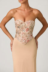 Embellished Corset Fishtail Gown in Floral Beige