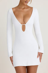 Cut-Out Long-Sleeve Mini Dress in White