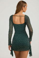 Embellished Cowl-Neck Draped Mini Dress in Emerald Green
