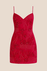 Red Beaded Straps Fitted Mini Dress