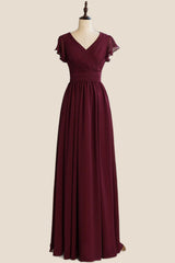 Ruffle Sleeves Burgundy Chiffon Long Bridesmaid Dress
