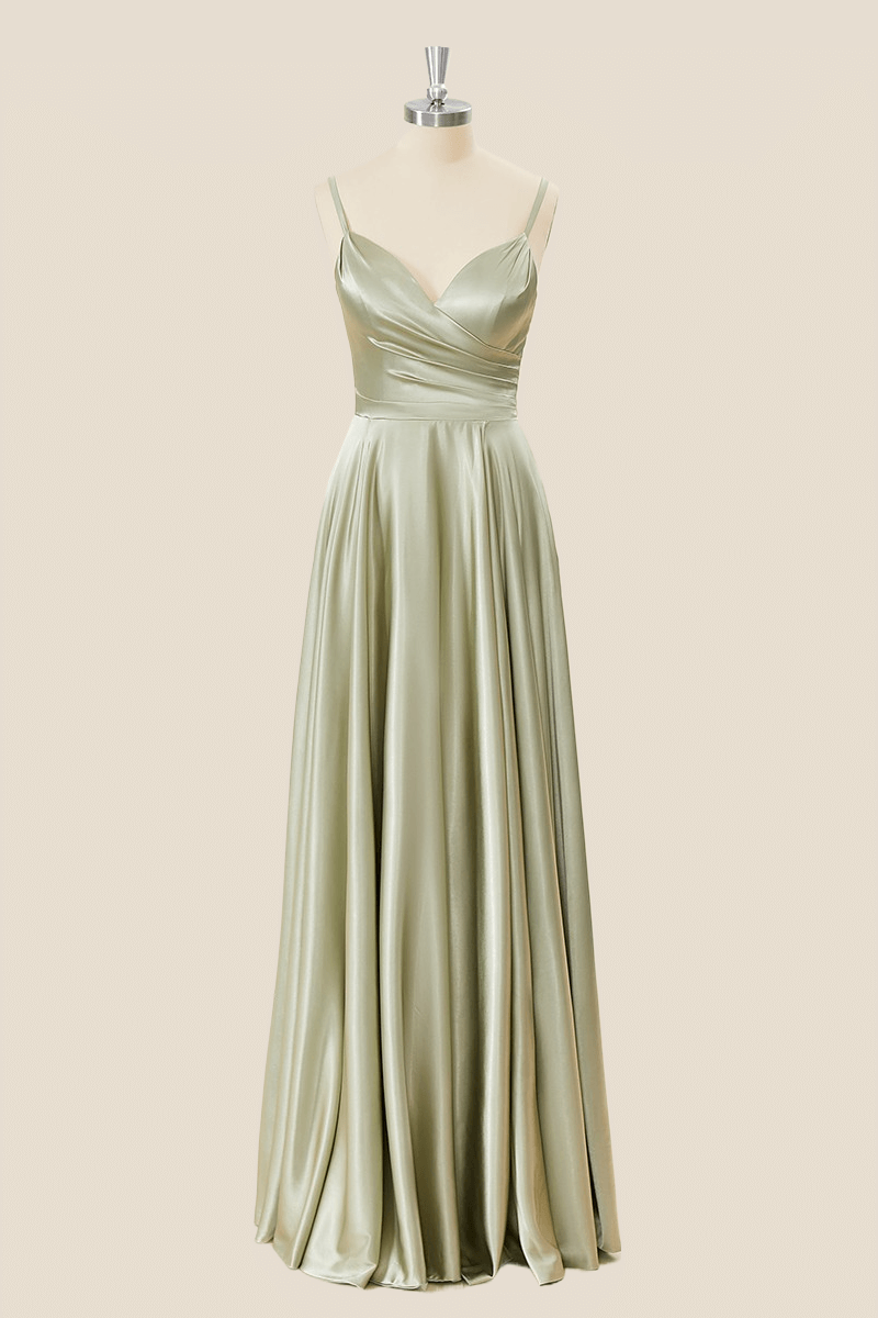 Sage Green Satin Straps A-line Long Formal Dress