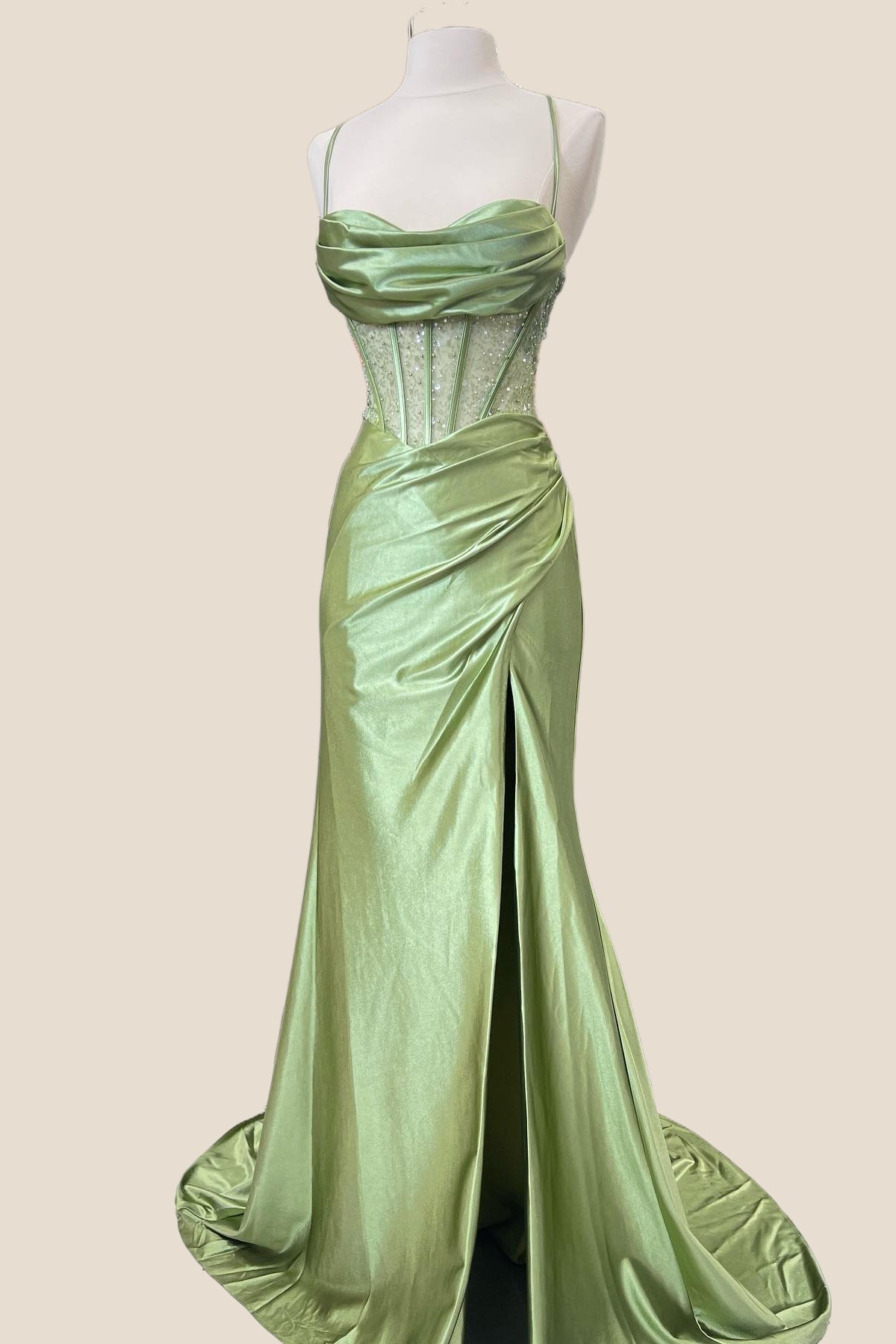 Sage Satin Cowl Neck Mermaid Formal Dress