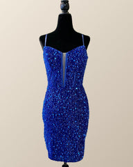 Straps Royal Blue Sequin Tight Mini Dress